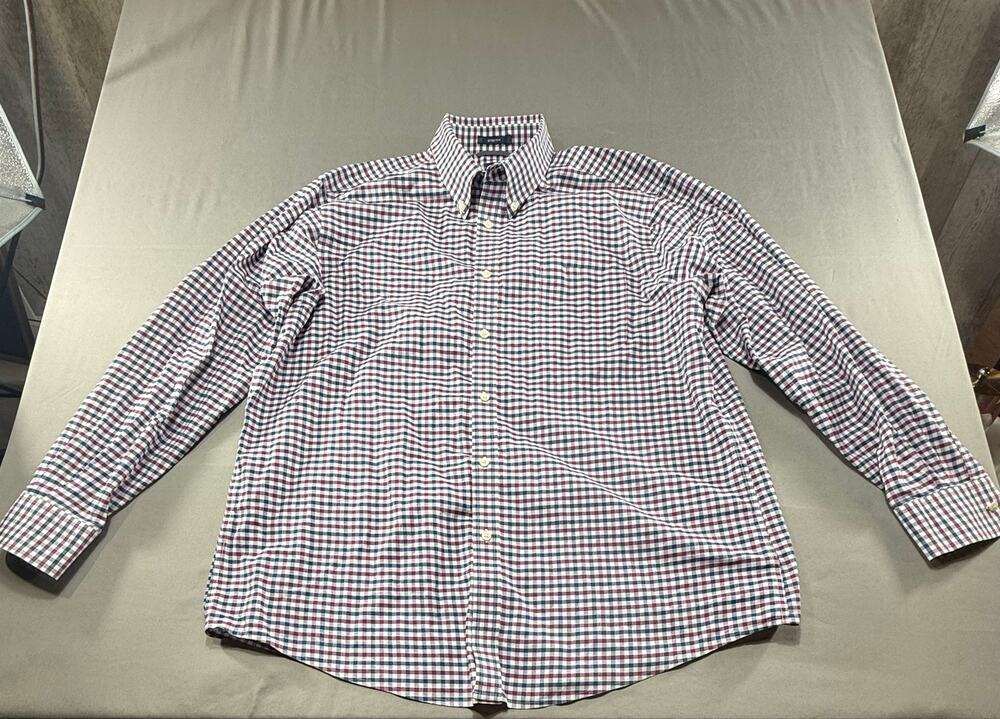Dockers Battery Street Classic Fit Stretch Shirt Mens XL Plaid Burgundy Navy